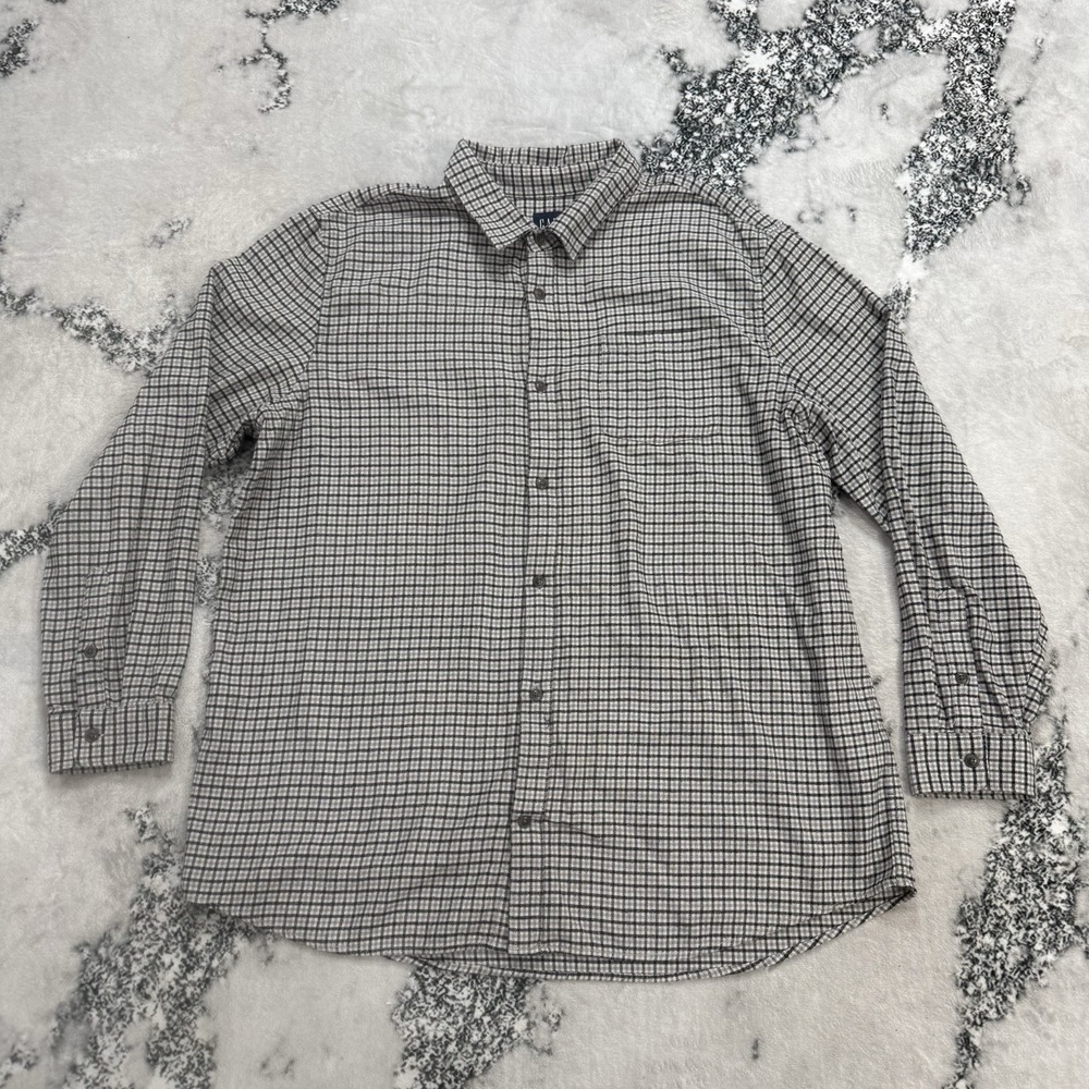 Gap‎ Mens XXL Long Sleeve Button Up Organic Cotton Shirt Gray Black Check Plaid
